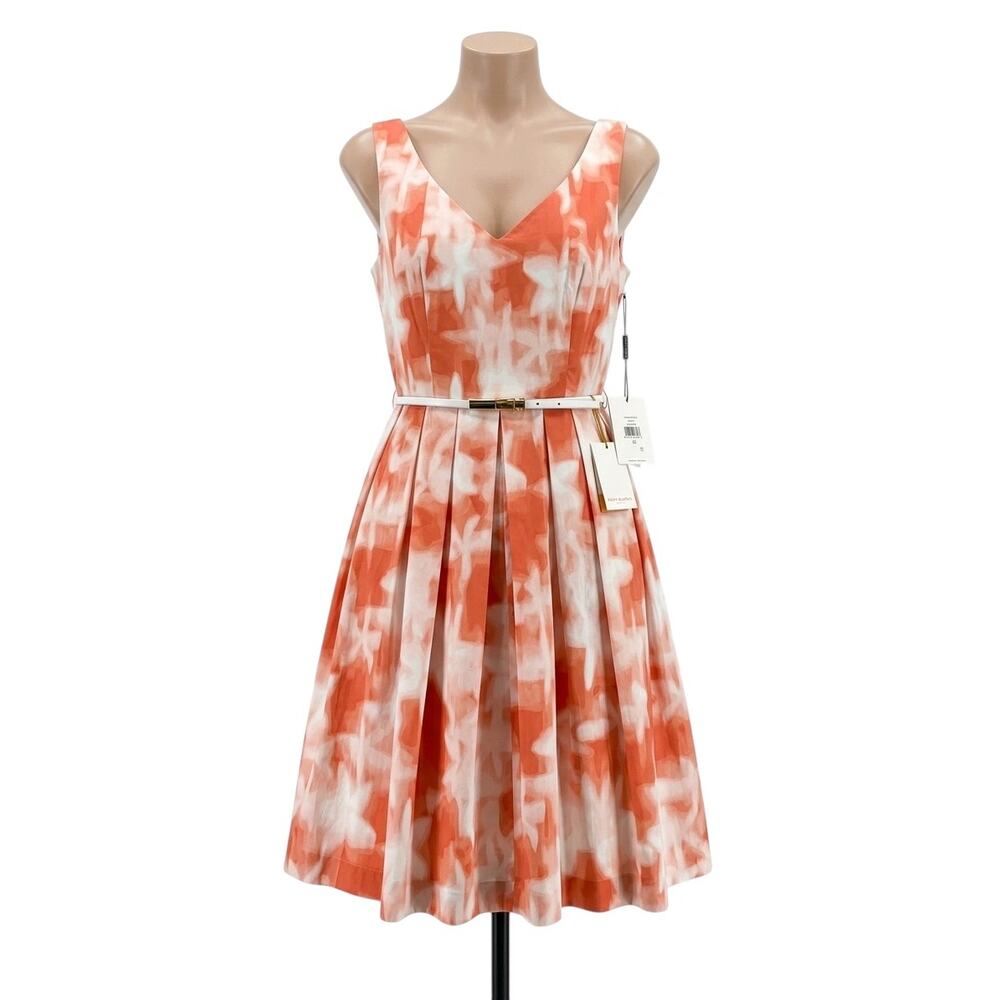 NWT Calvin Klein Size 10 Orange White Floral Pleated Belted Sleeveless Dress